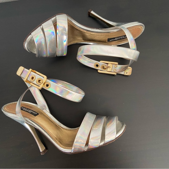 Dolce & Gabbana Iridescent Silver Ankle Strap Sandal Heels - Picture 1 of 11